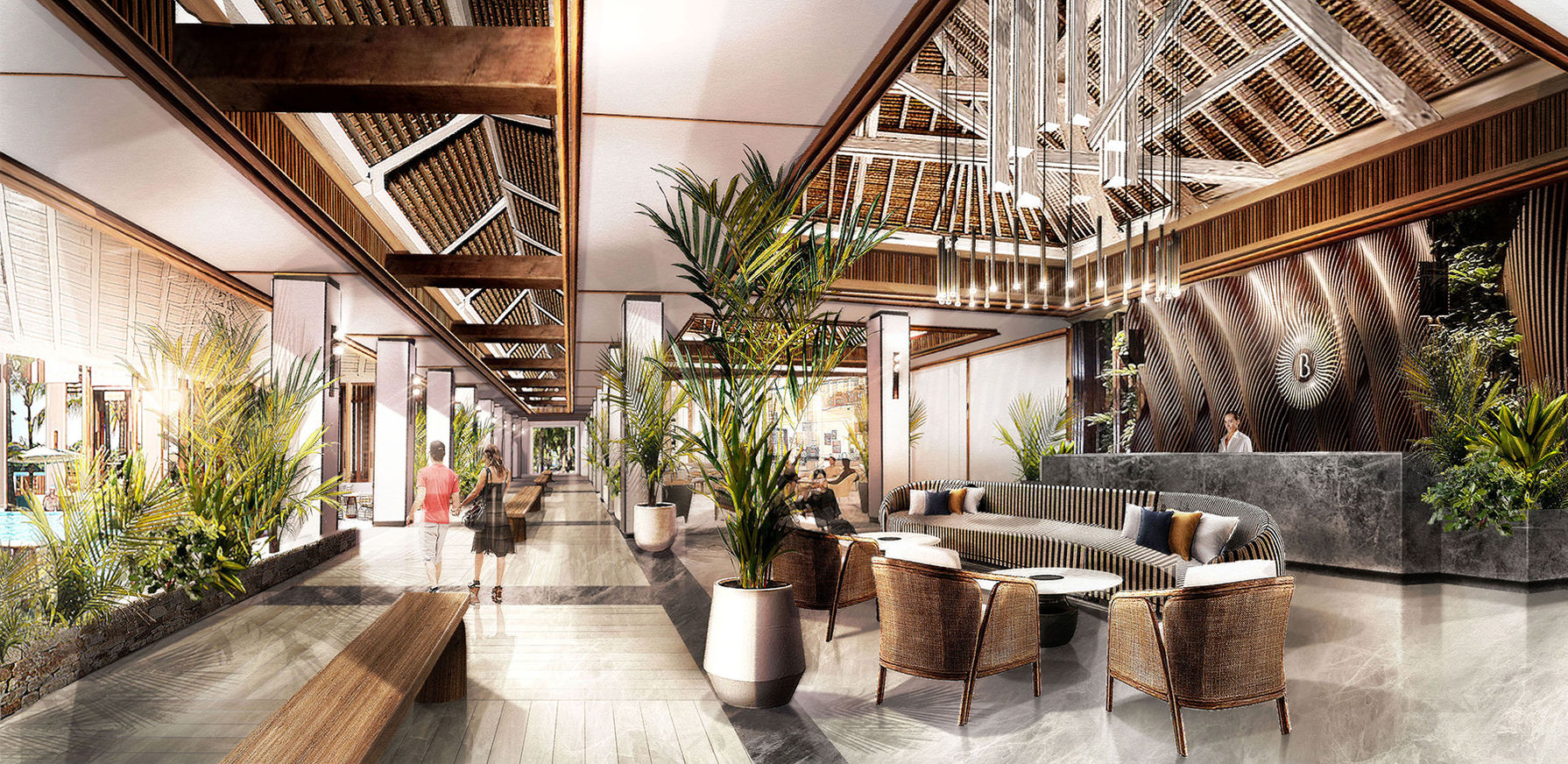 Conception intérieure de la réception de l’hôtel Shandrani